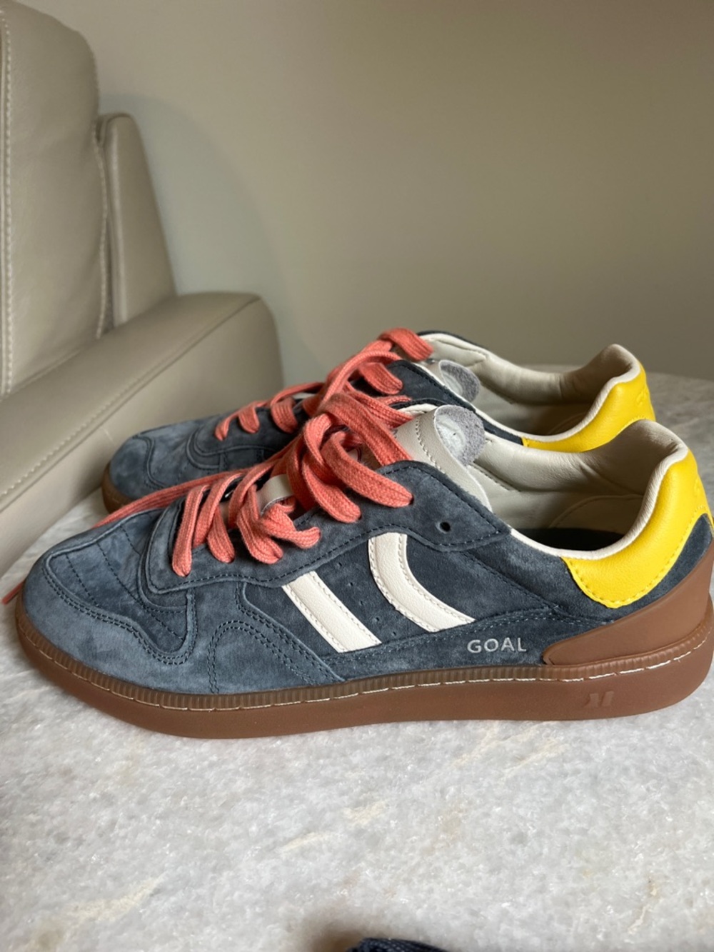 Coolway Gray Suede Sneakers with Coral Laces and Yellow Heel - Picture 6 of 6